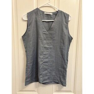 Dina Zaki designer Tank Top Sz S Light Blue Linen Sleeveless V-Neck